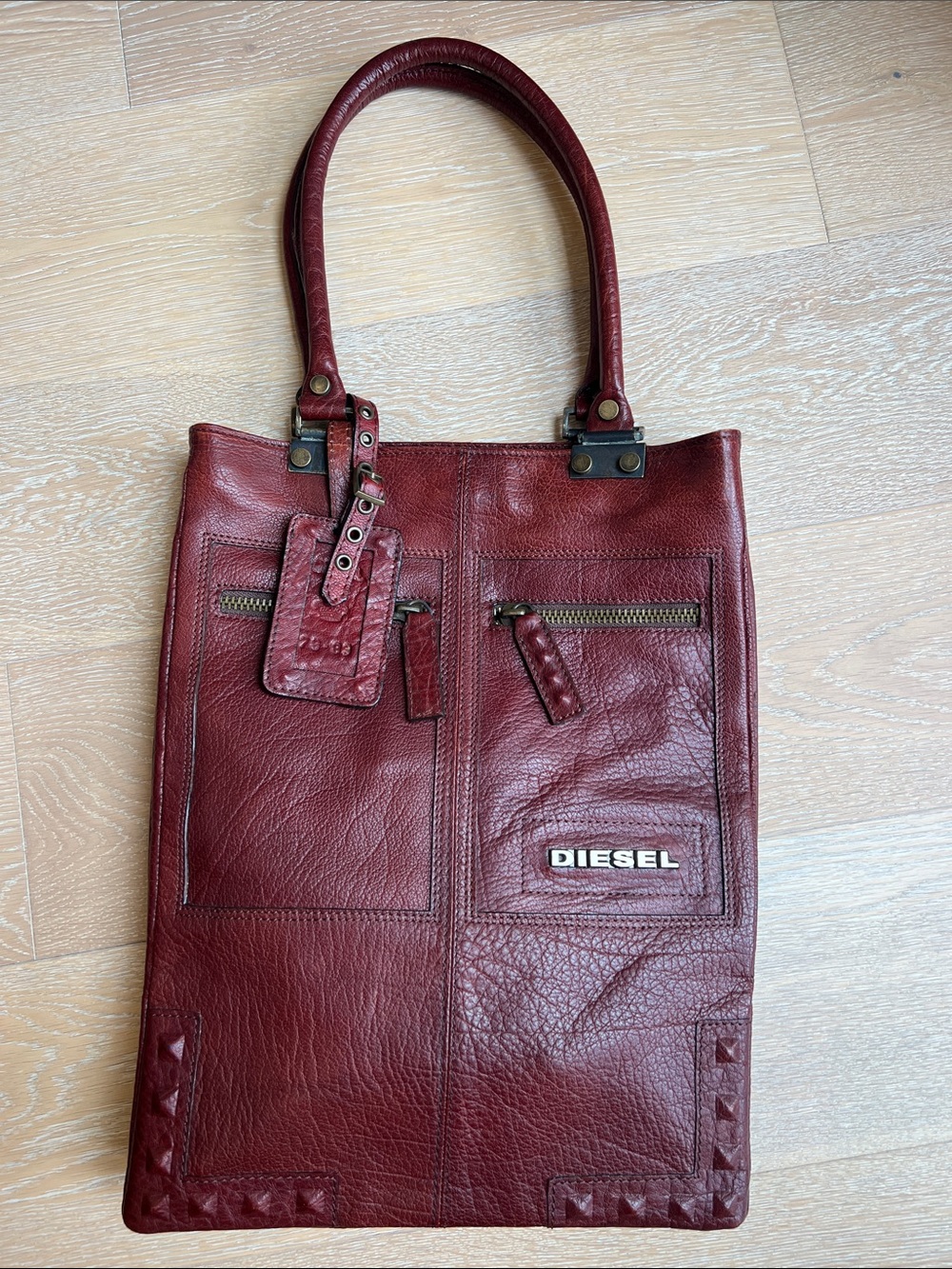 Diesel Red Leather Messenger Tote Bag